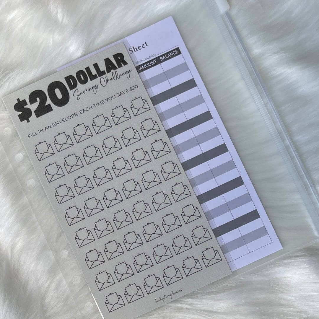 $20 Dollar Savings Challenge with Budget Sheet and Cash Envelope exclusively available at Budgeting Basics Trinidad and Tobago
