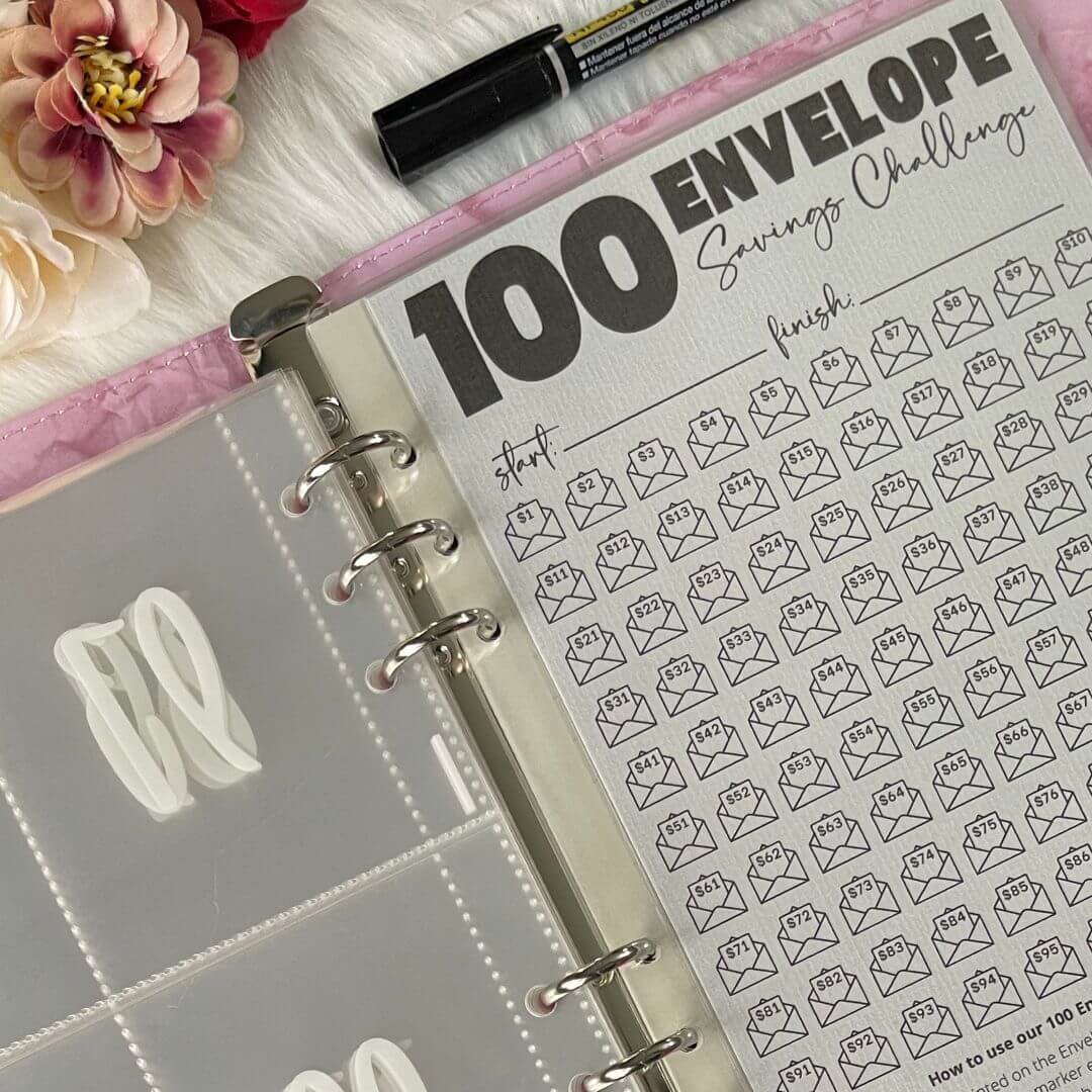 100 Envelope Savings Challenge Bundle with Marble Pink A5 Binder exclusively available at Budgeting basics Trinidad and Tobago