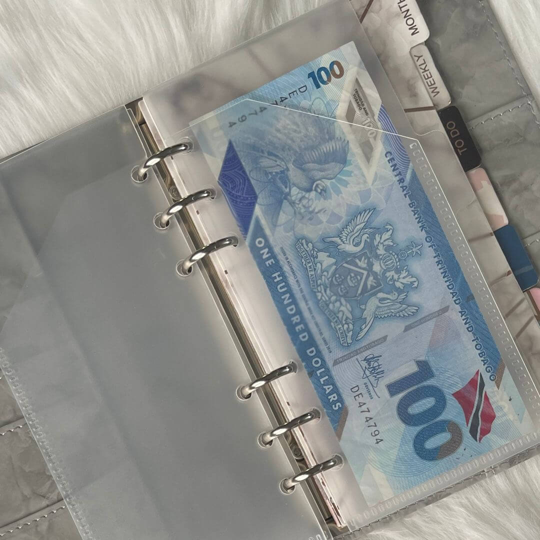 A6 Transparent Cash Envelopes with Tabs exclusively available at Budgeting Basics Trinidad and Tobago
