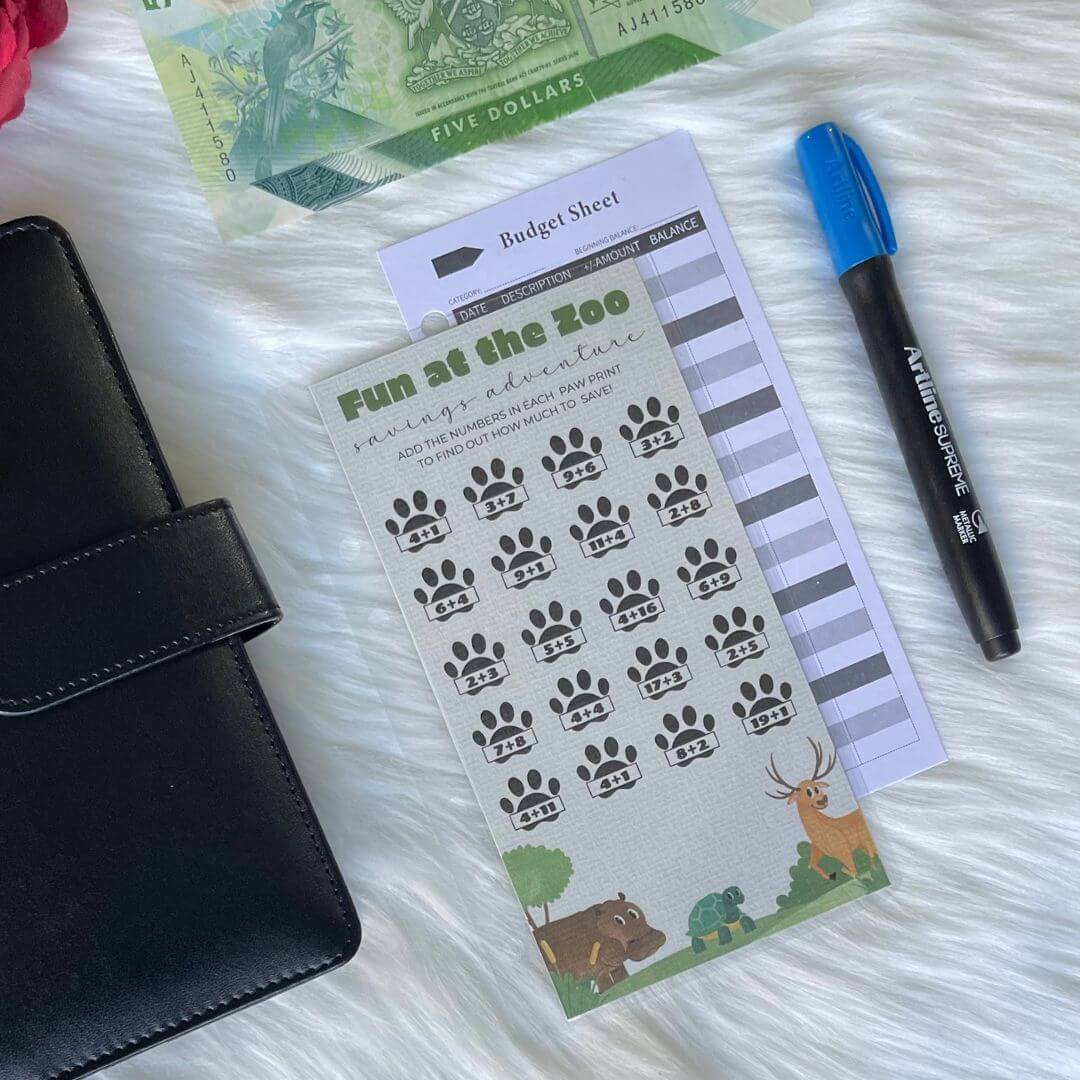 Fun at the Zoo Math Savings Challenge with Budget Sheet and Cash Envelope exclusively available at Budgeting Basics Trinidad and Tobago